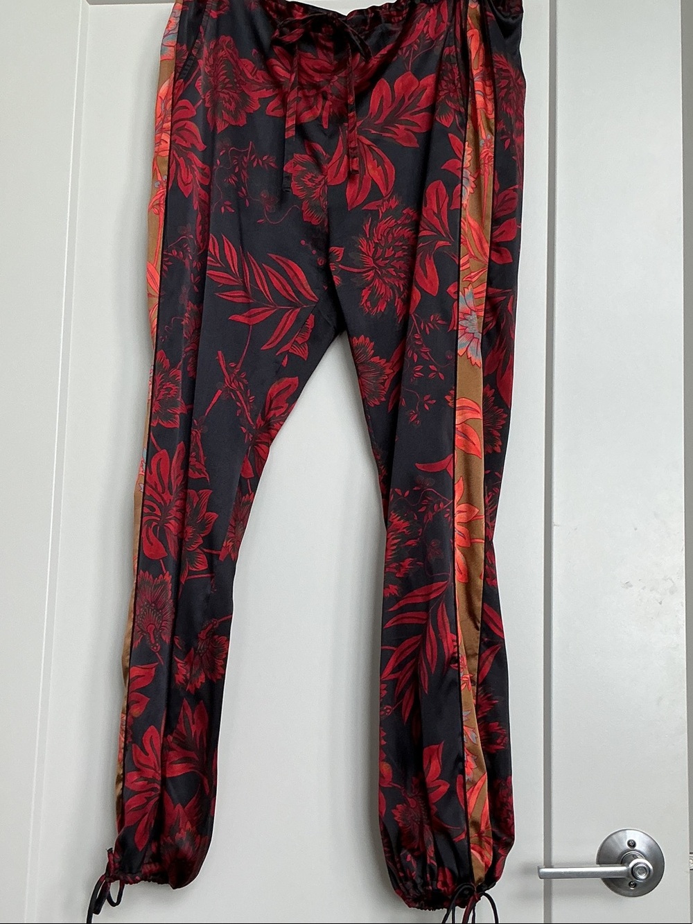 Johnny Was Black Red Floral Track Pants with Gold Side Stripe